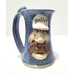 Vtg 3D Mustache Man Golfer Hat Blue Coffee Mug XL Stoneware Pottery Glaze Funny